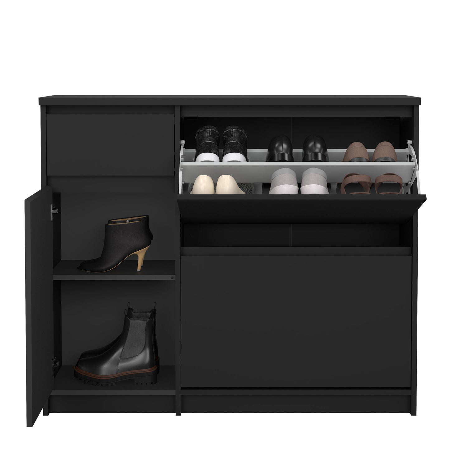 naia shoe cabinet with 2 flip down doors 1 door and 1 drawer in black matt