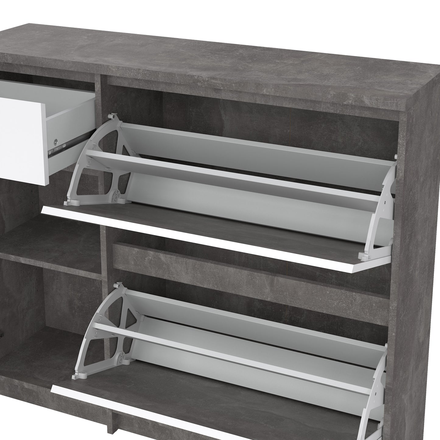 naia shoe cabinet with 2 flip down doors 1 door and 1 drawer in concrete and white high gloss