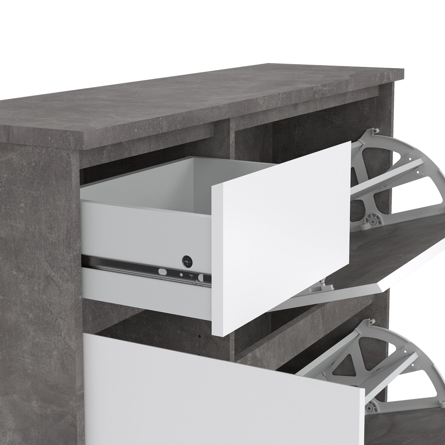 naia shoe cabinet with 2 flip down doors 1 door and 1 drawer in concrete and white high gloss
