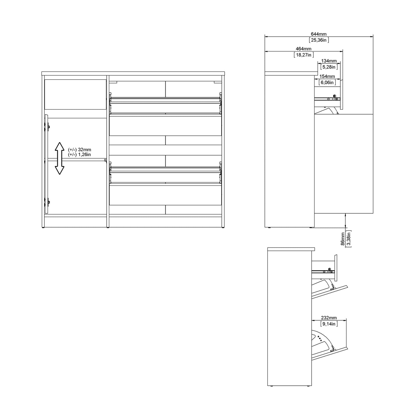 naia shoe cabinet with 2 flip down doors 1 door and 1 drawer in concrete and white high gloss