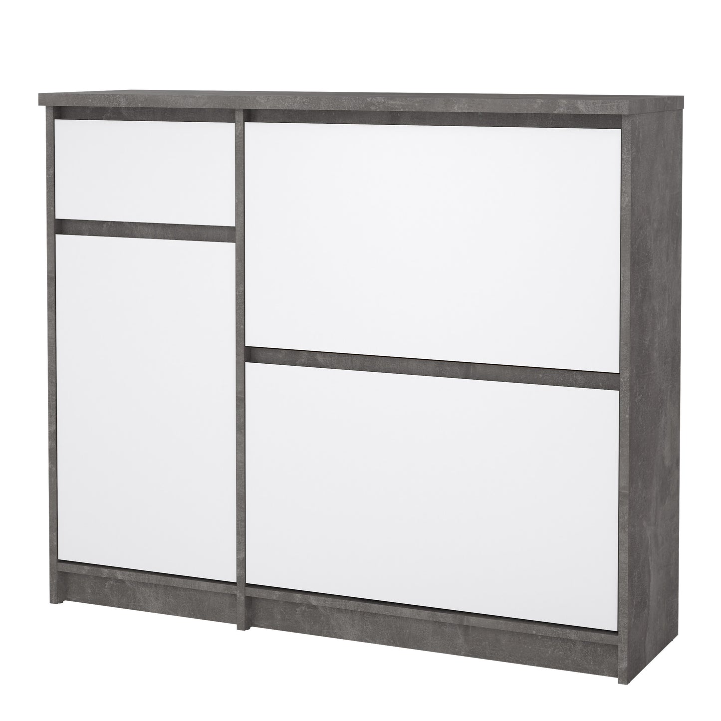 naia shoe cabinet with 2 flip down doors 1 door and 1 drawer in concrete and white high gloss