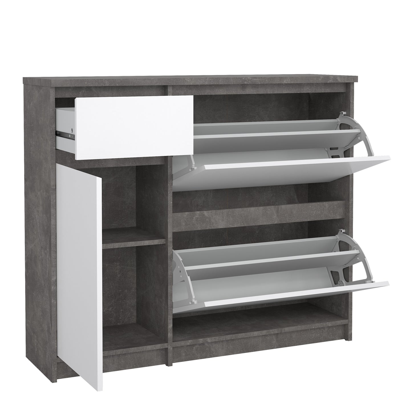 naia shoe cabinet with 2 flip down doors 1 door and 1 drawer in concrete and white high gloss