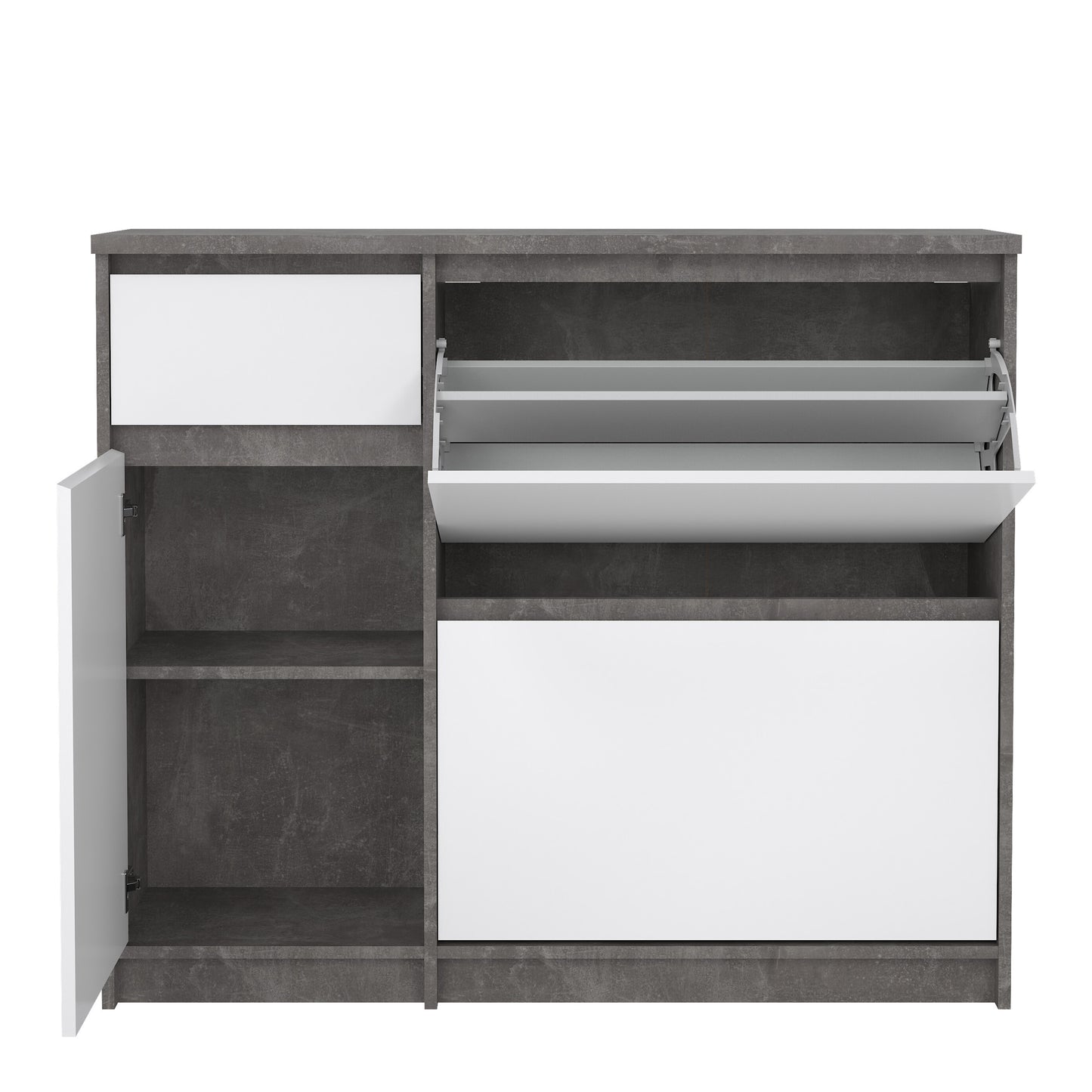 naia shoe cabinet with 2 flip down doors 1 door and 1 drawer in concrete and white high gloss