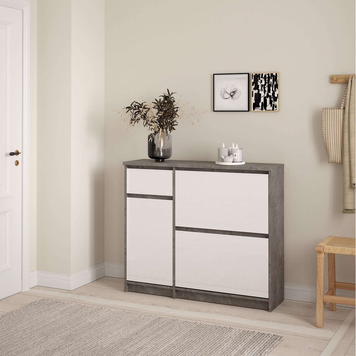 naia shoe cabinet with 2 flip down doors 1 door and 1 drawer in concrete and white high gloss