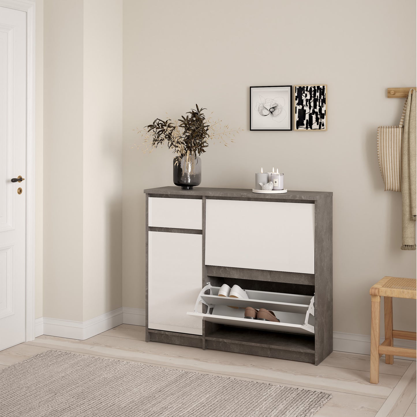 naia shoe cabinet with 2 flip down doors 1 door and 1 drawer in concrete and white high gloss