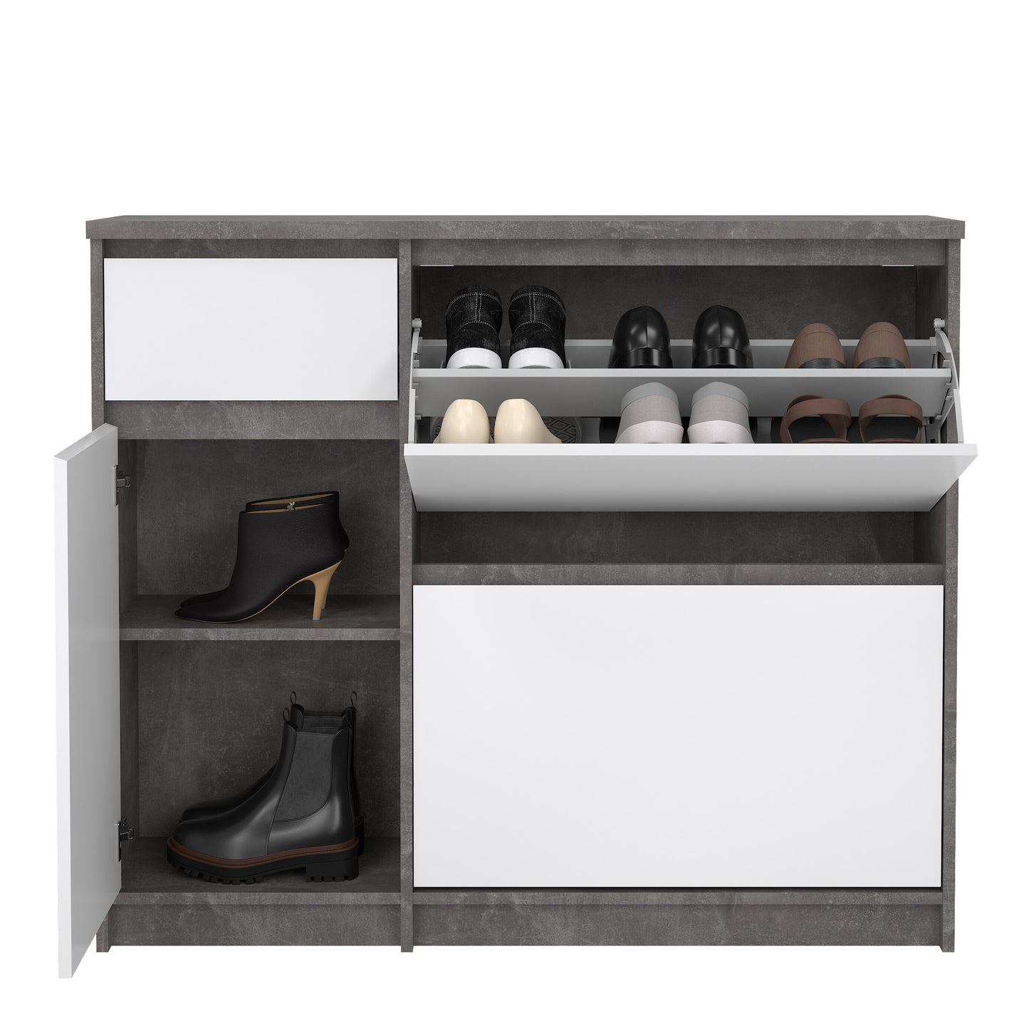 naia shoe cabinet with 2 flip down doors 1 door and 1 drawer in concrete and white high gloss