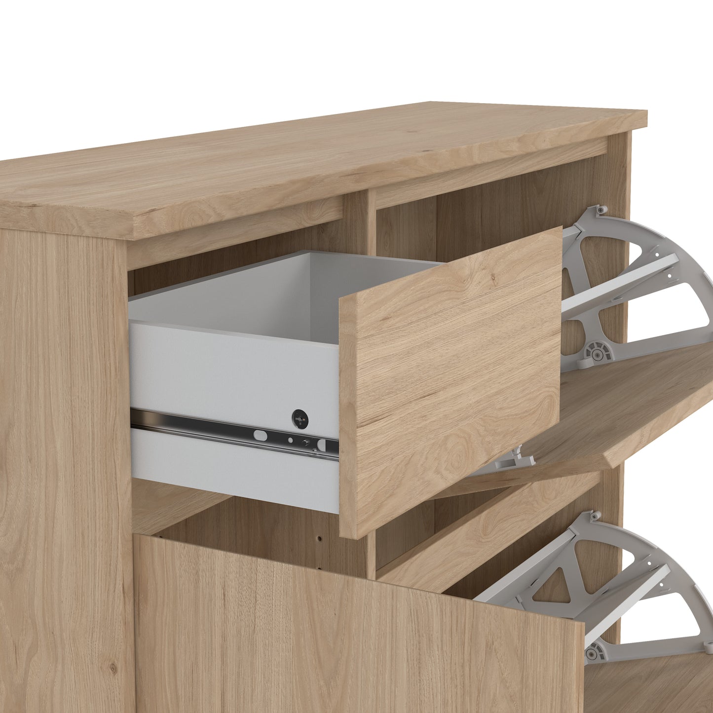 naia shoe cabinet with 2 flip down doors 1 door and 1 drawer in jackson hickory oak