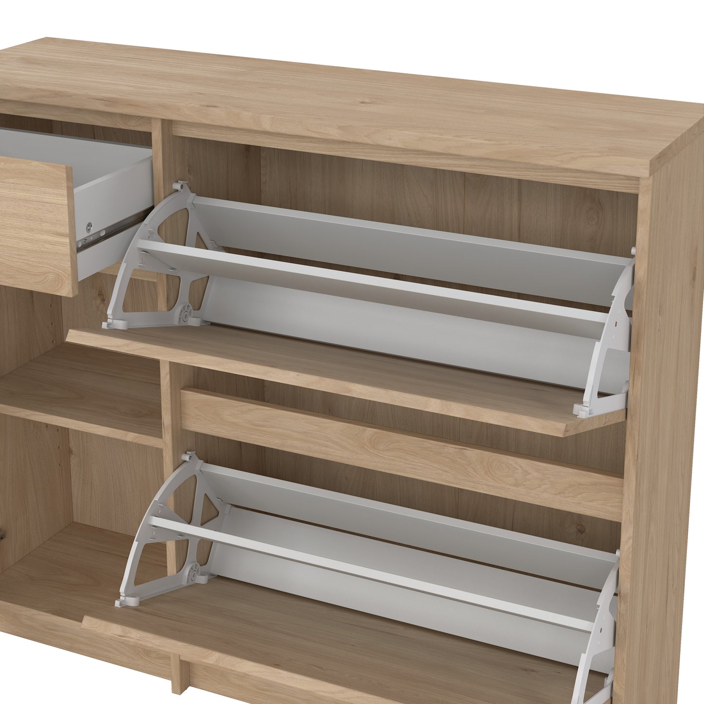 naia shoe cabinet with 2 flip down doors 1 door and 1 drawer in jackson hickory oak