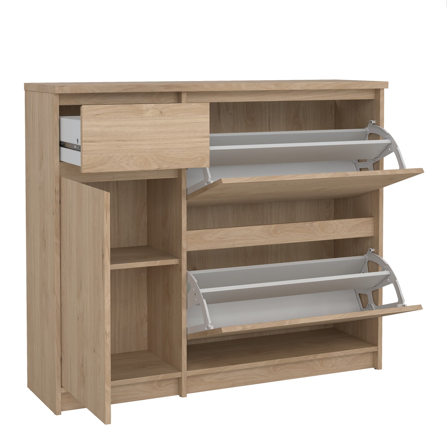 naia shoe cabinet with 2 flip down doors 1 door and 1 drawer in jackson hickory oak