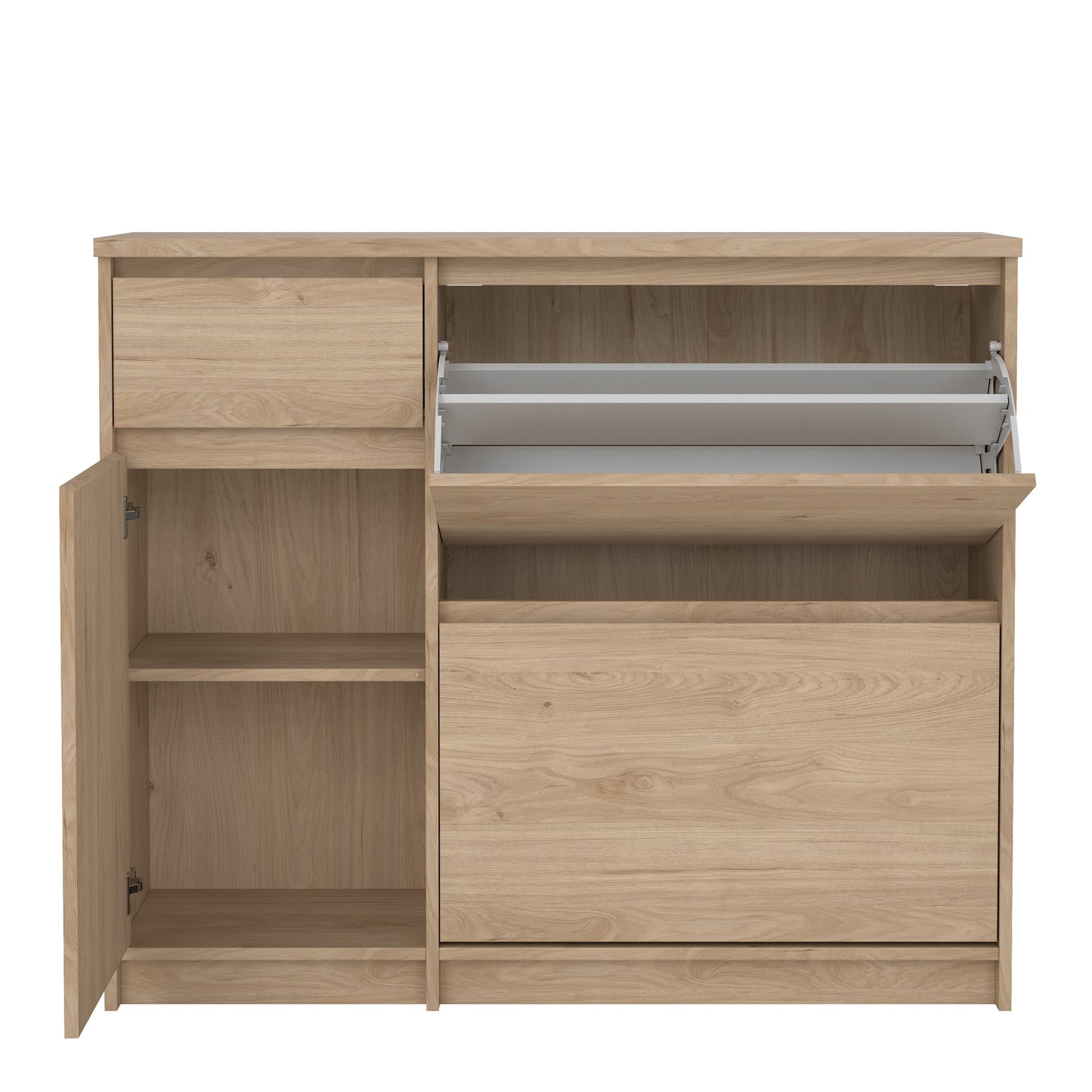 naia shoe cabinet with 2 flip down doors 1 door and 1 drawer in jackson hickory oak