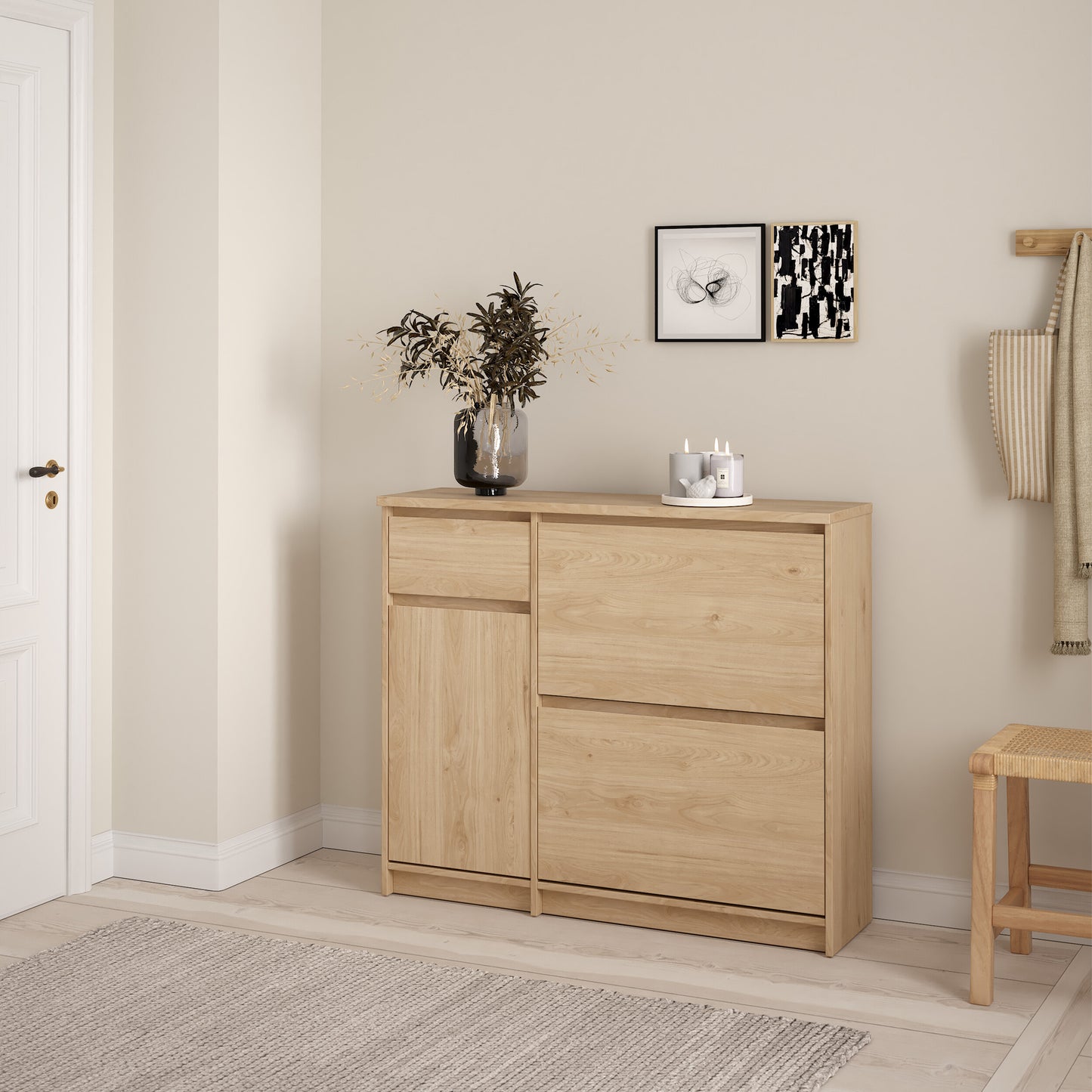 naia shoe cabinet with 2 flip down doors 1 door and 1 drawer in jackson hickory oak