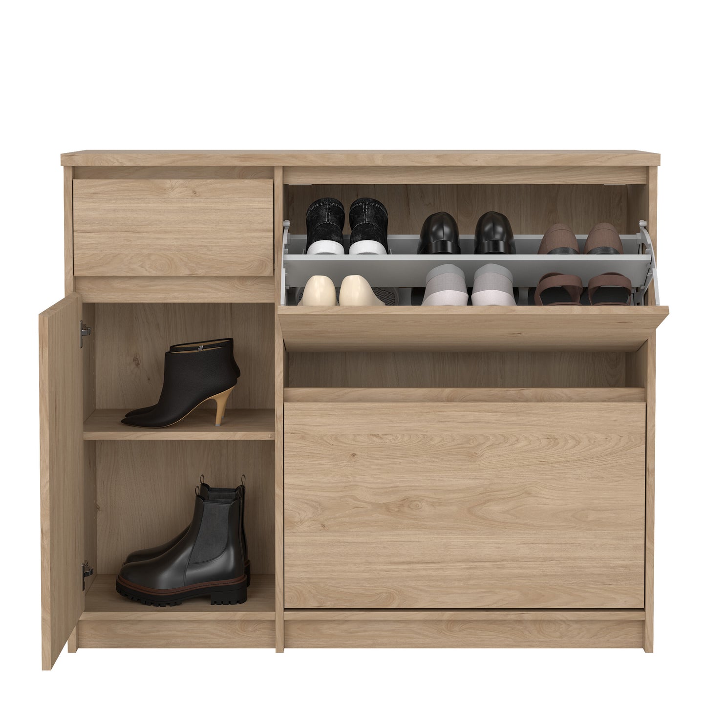 naia shoe cabinet with 2 flip down doors 1 door and 1 drawer in jackson hickory oak