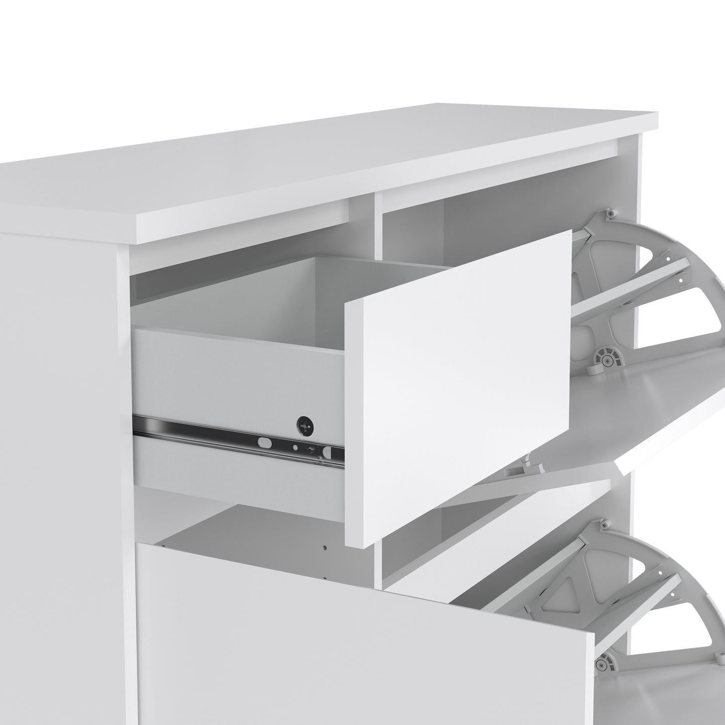 naia shoe cabinet with 2 flip down doors 1 door and 1 drawer in white high gloss