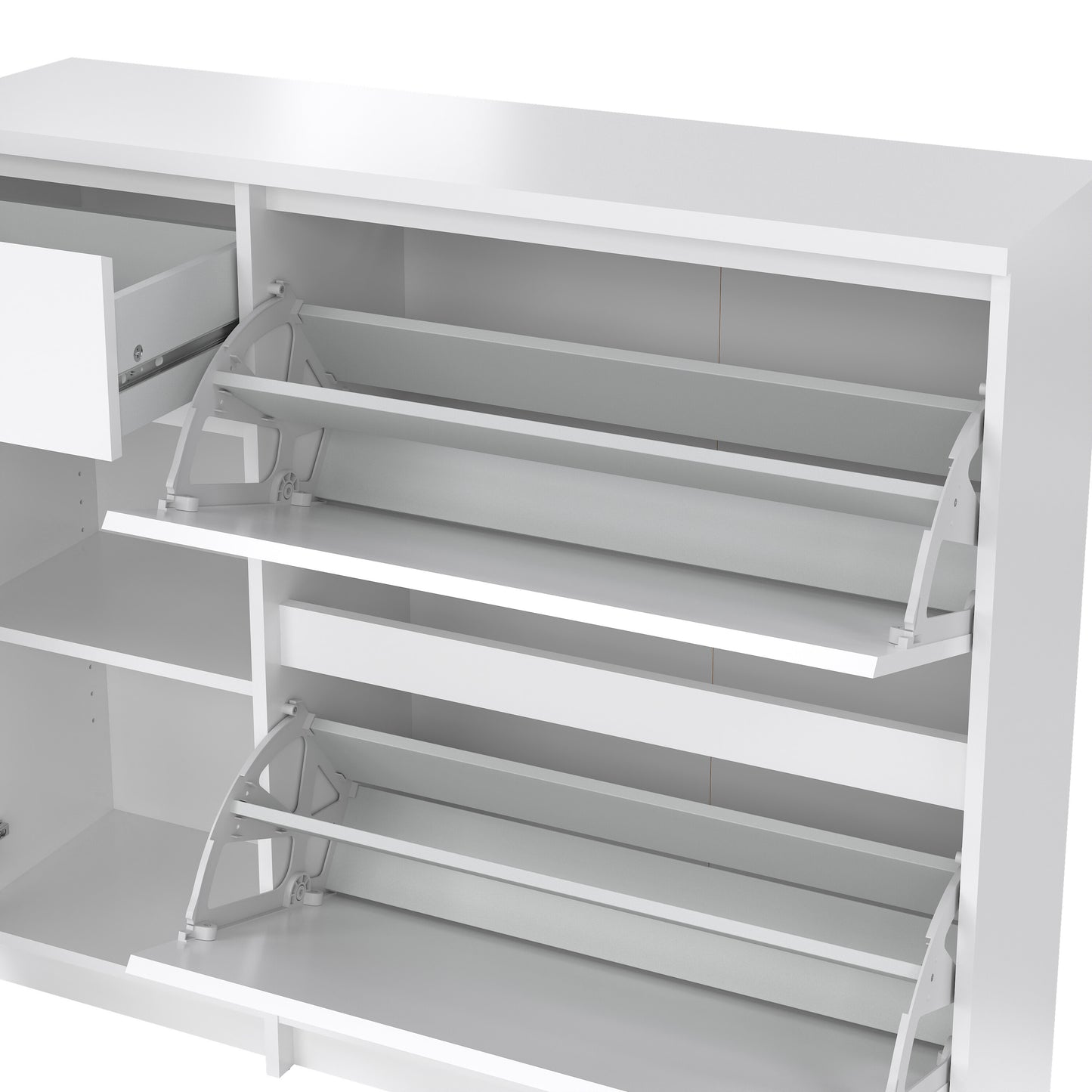 naia shoe cabinet with 2 flip down doors 1 door and 1 drawer in white high gloss
