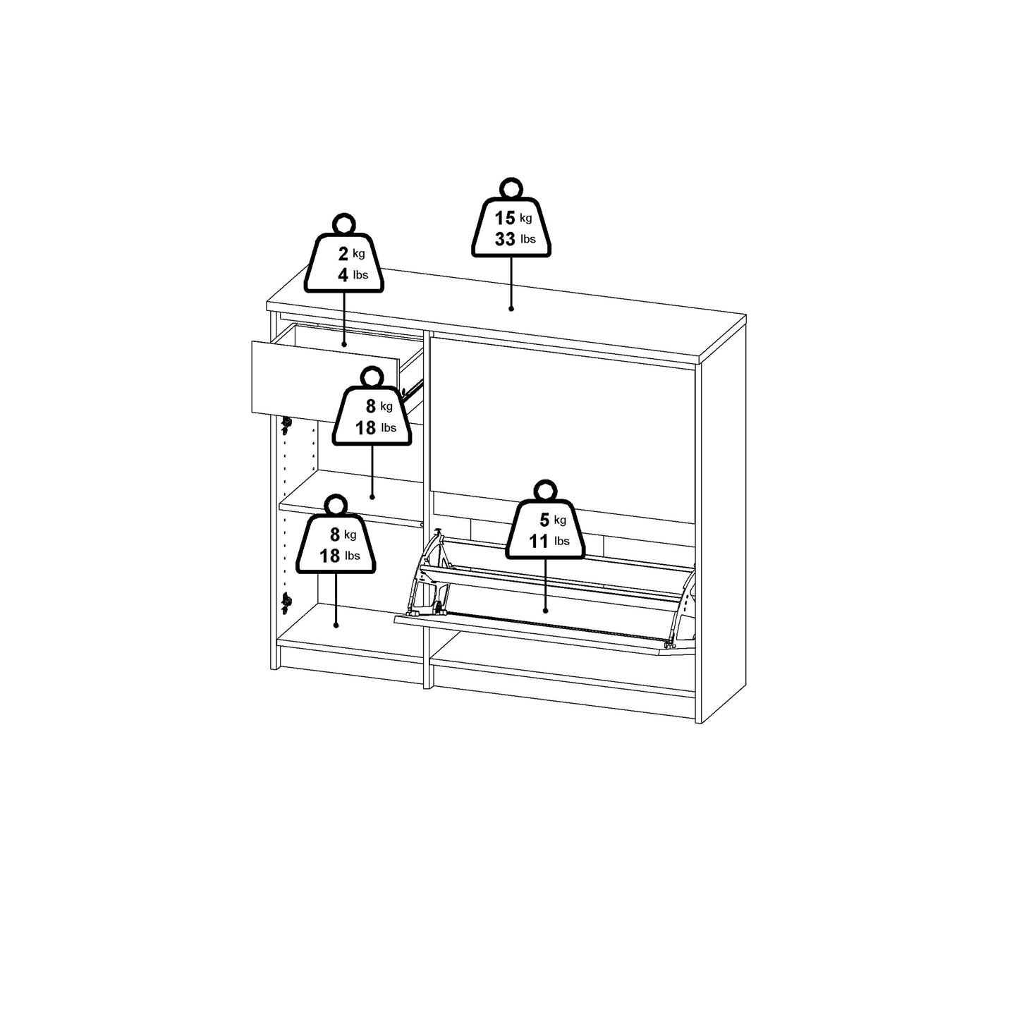 naia shoe cabinet with 2 flip down doors 1 door and 1 drawer in white high gloss