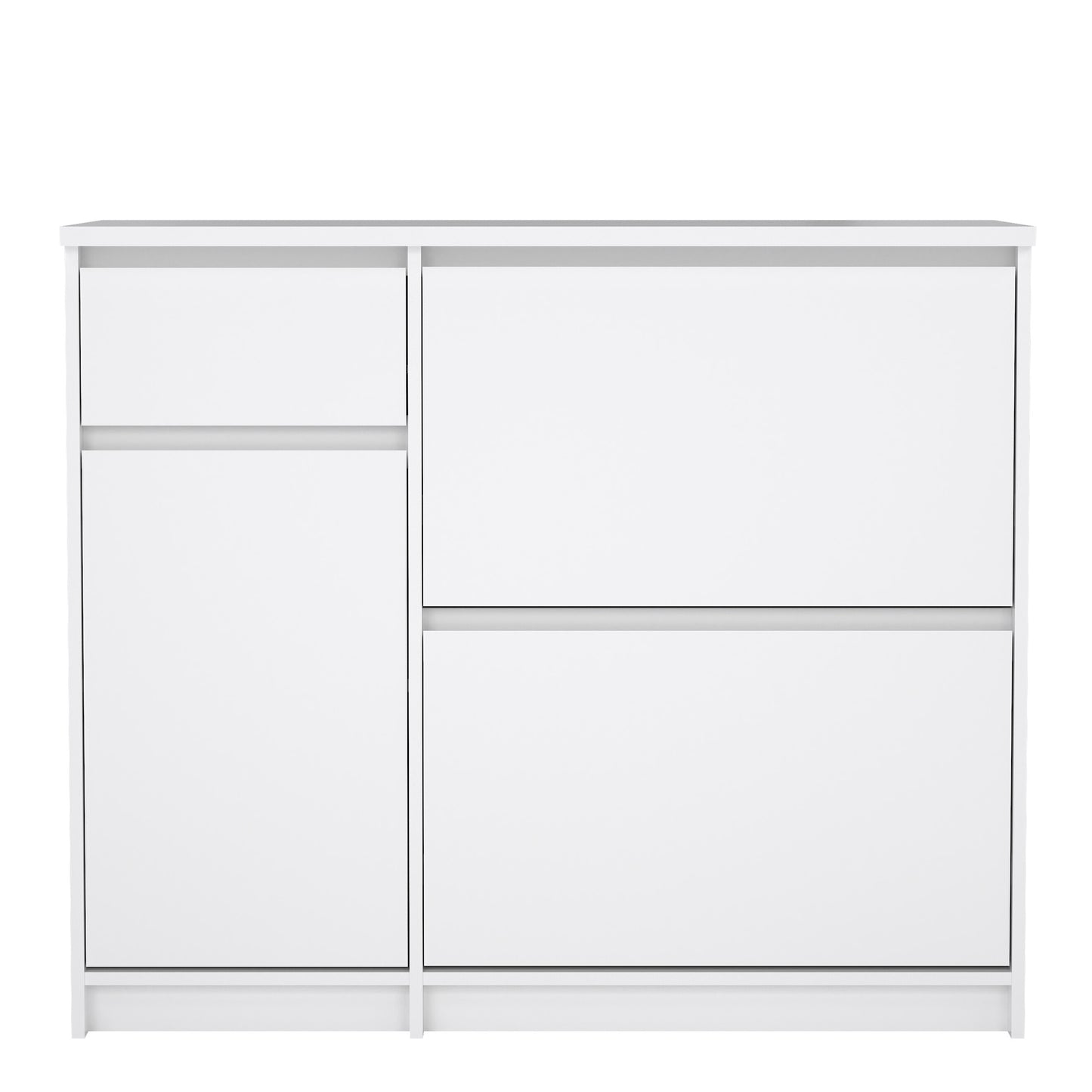 naia shoe cabinet with 2 flip down doors 1 door and 1 drawer in white high gloss