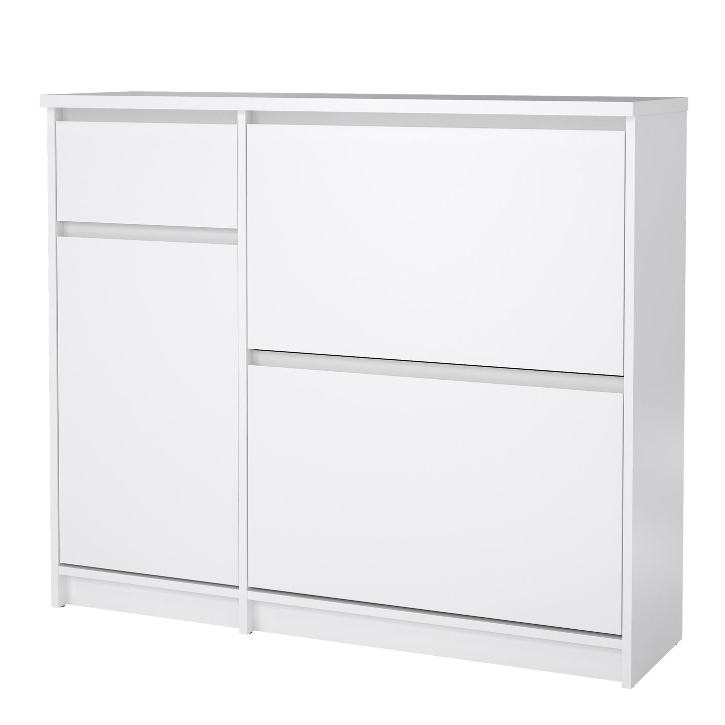 naia shoe cabinet with 2 flip down doors 1 door and 1 drawer in white high gloss