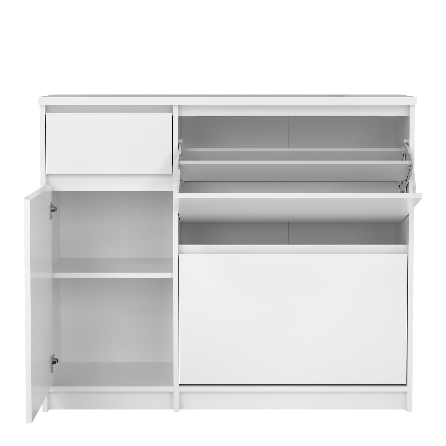 naia shoe cabinet with 2 flip down doors 1 door and 1 drawer in white high gloss