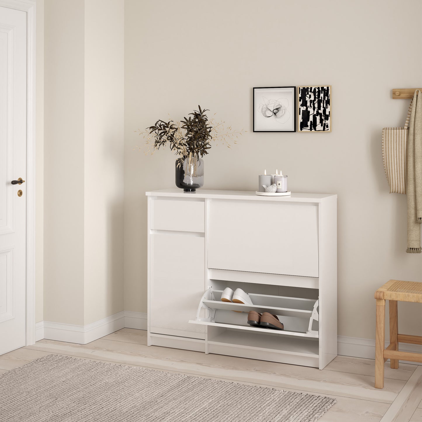 naia shoe cabinet with 2 flip down doors 1 door and 1 drawer in white high gloss