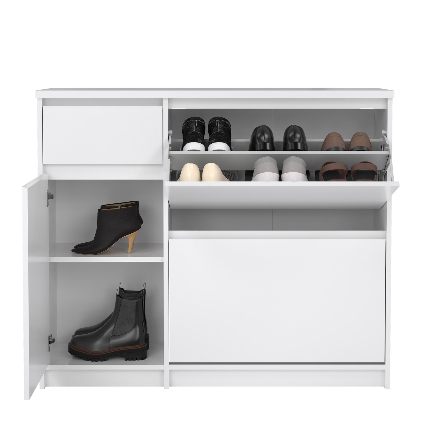 naia shoe cabinet with 2 flip down doors 1 door and 1 drawer in white high gloss