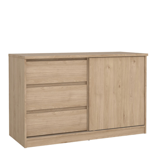 naia storage unit with 1 sliding door and 3 drawers in jackson hickory oak