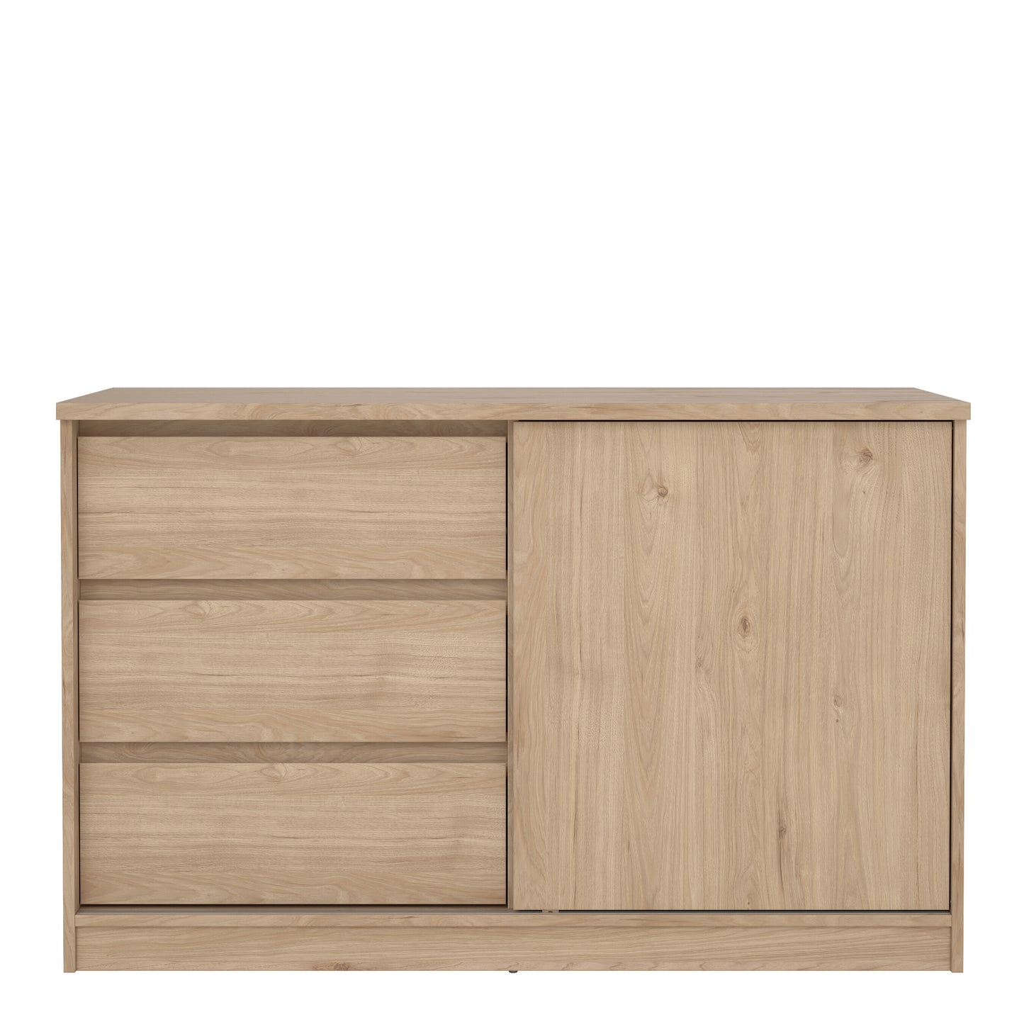 naia storage unit with 1 sliding door and 3 drawers in jackson hickory oak