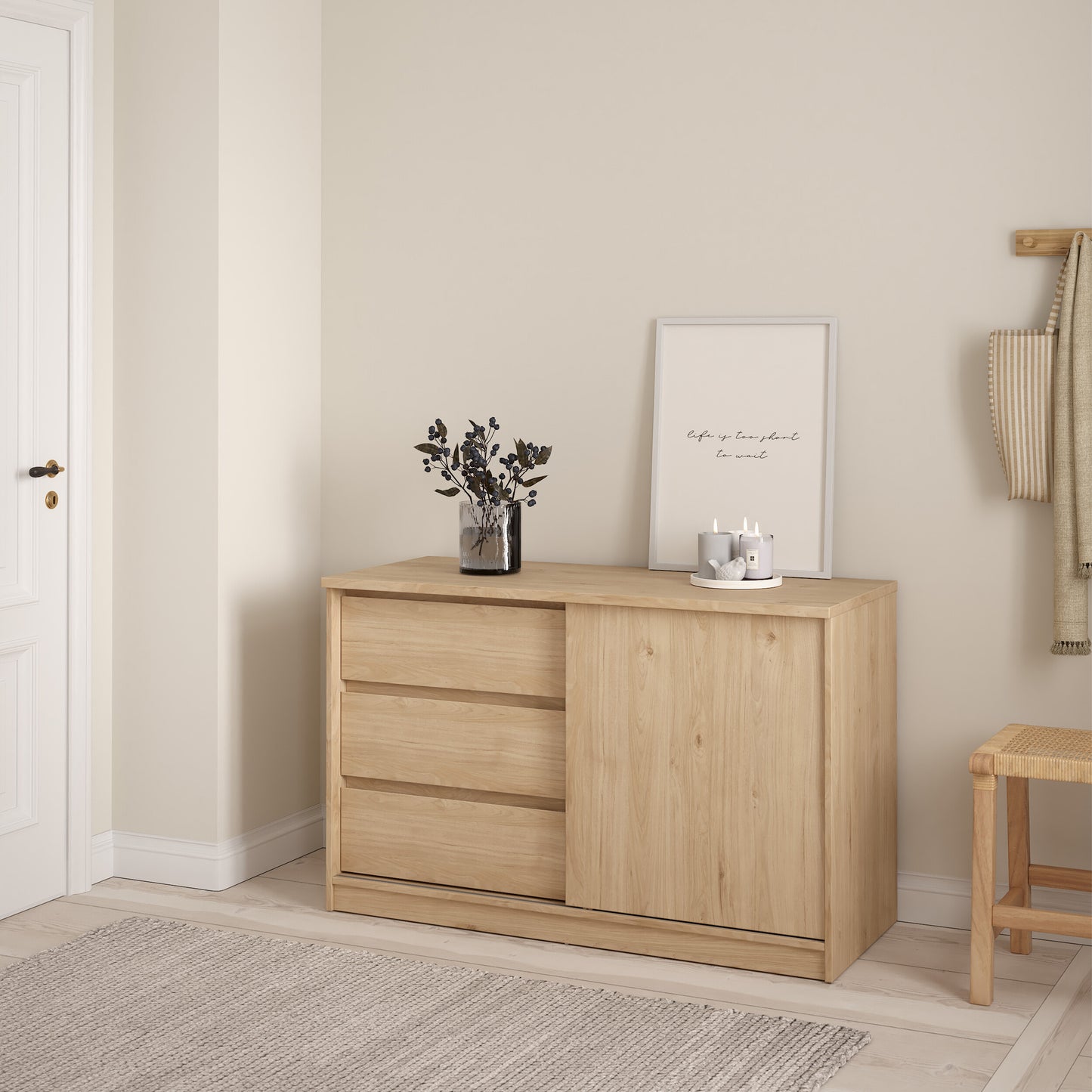 naia storage unit with 1 sliding door and 3 drawers in jackson hickory oak