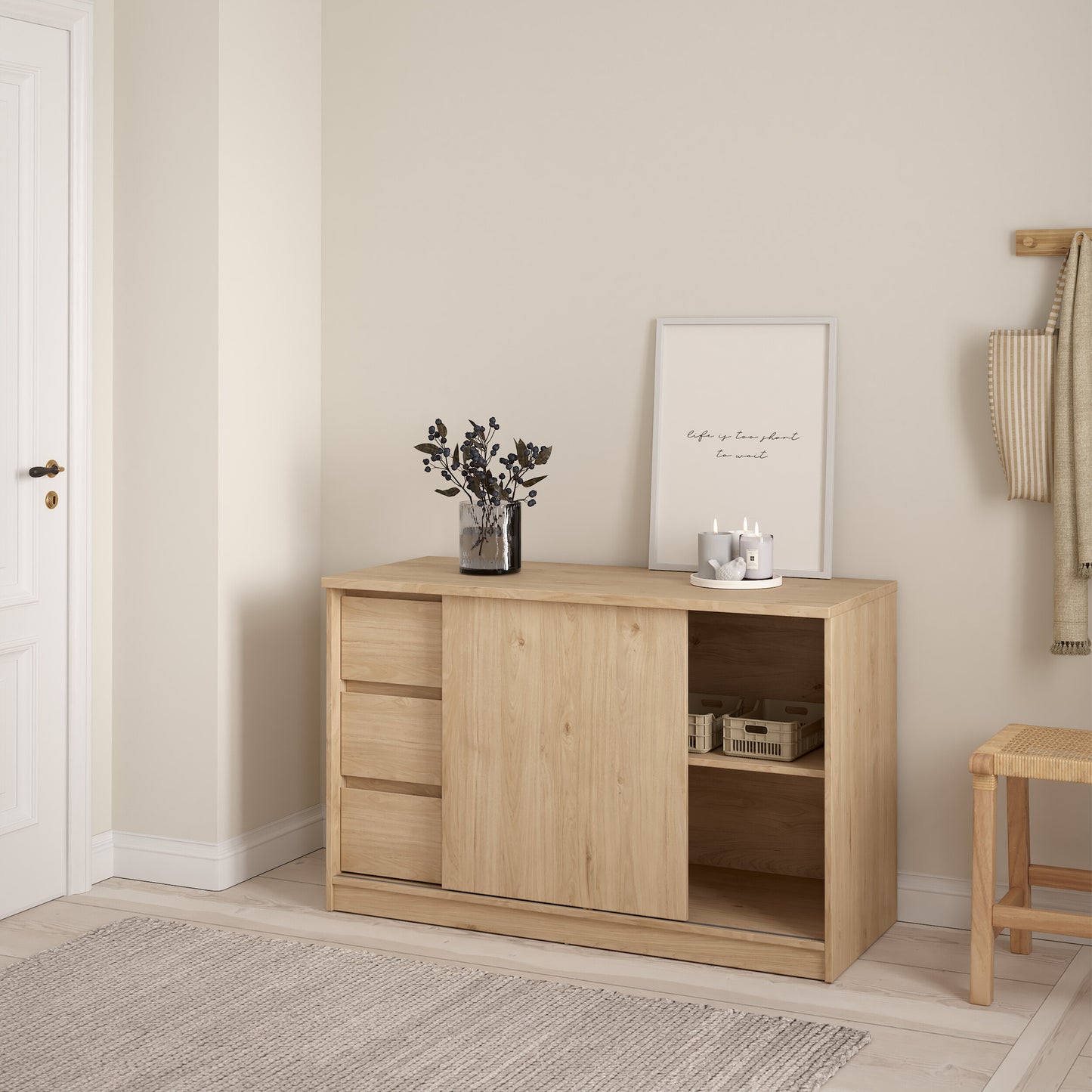 naia storage unit with 1 sliding door and 3 drawers in jackson hickory oak