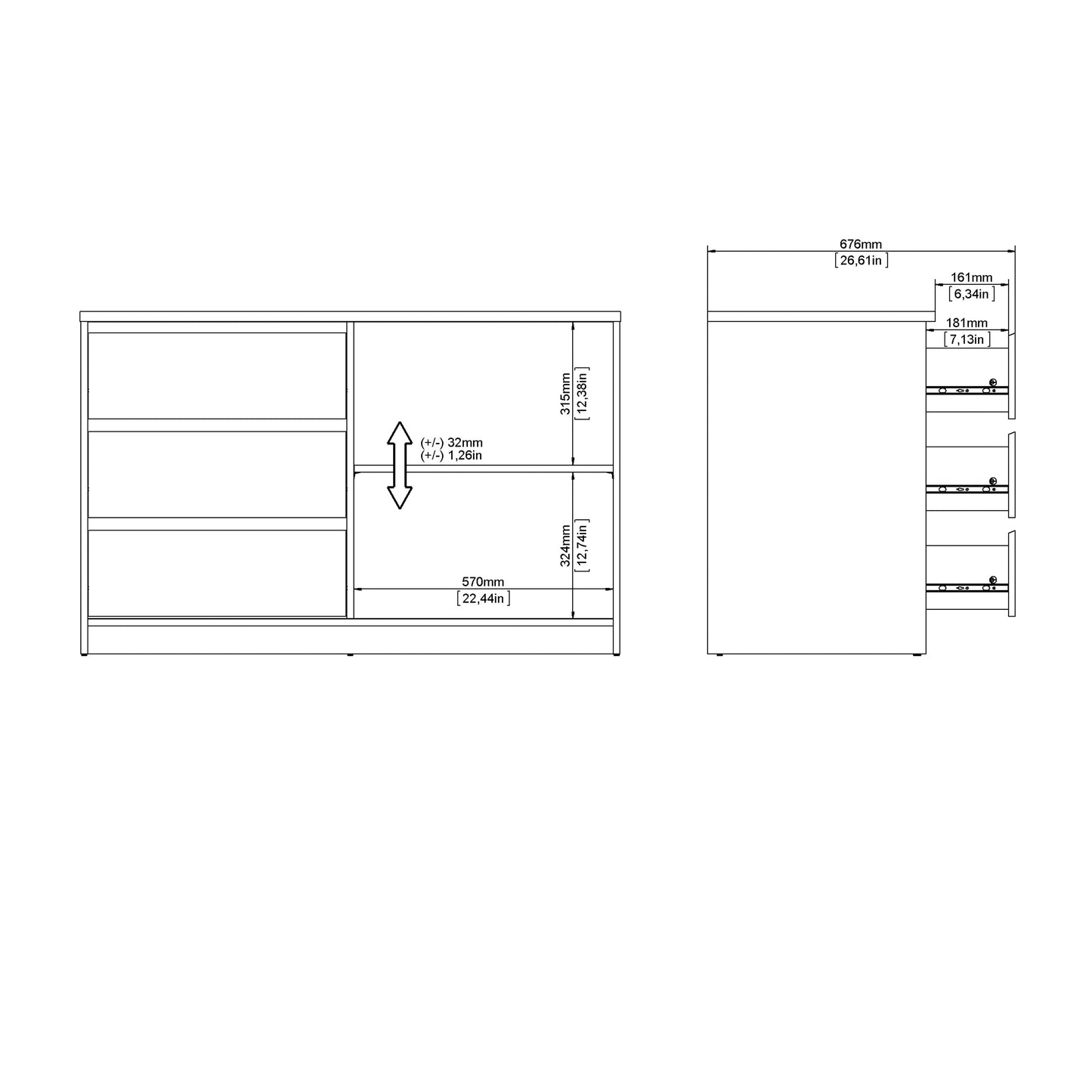 naia storage unit with 1 sliding door and 3 drawers in white high gloss