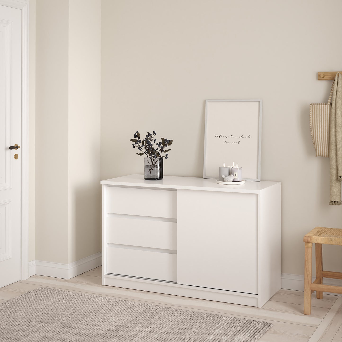 naia storage unit with 1 sliding door and 3 drawers in white high gloss