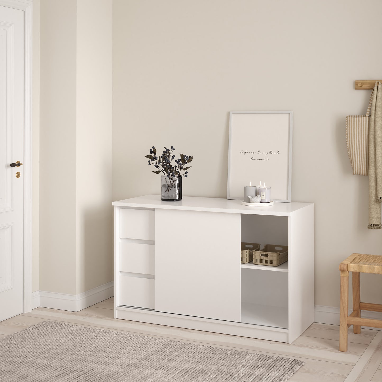 naia storage unit with 1 sliding door and 3 drawers in white high gloss