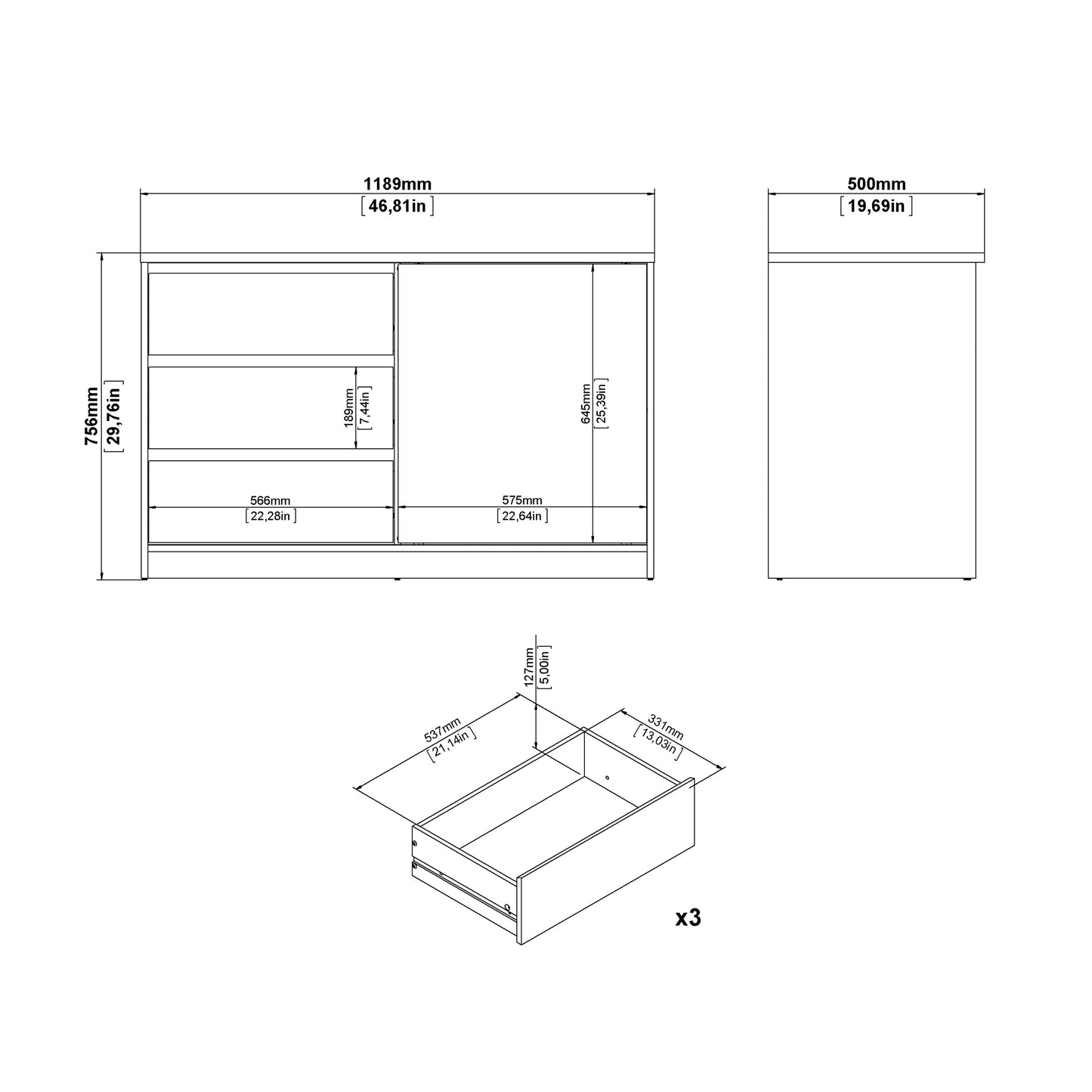 naia storage unit with 1 sliding door and 3 drawers in white high gloss