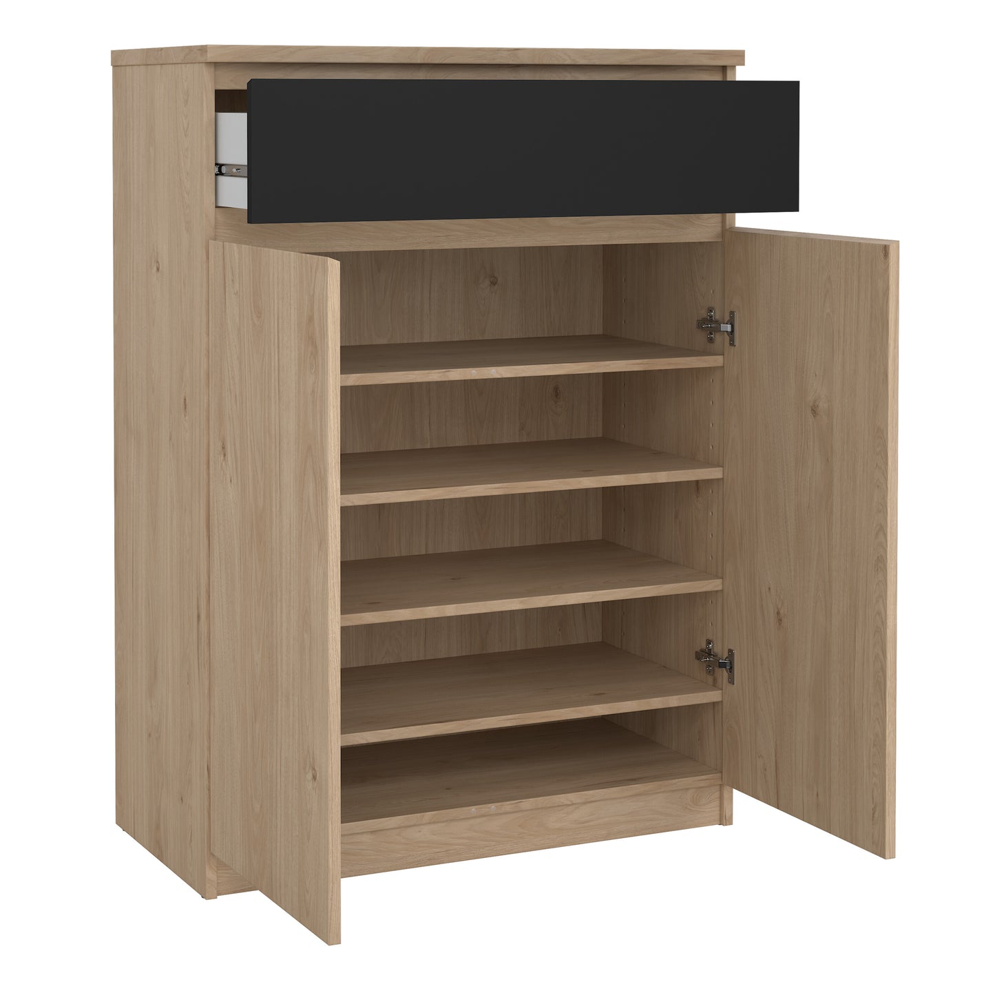 naia shoe cabinet with 2 doors 1 drawer in jackson hickory oak and black
