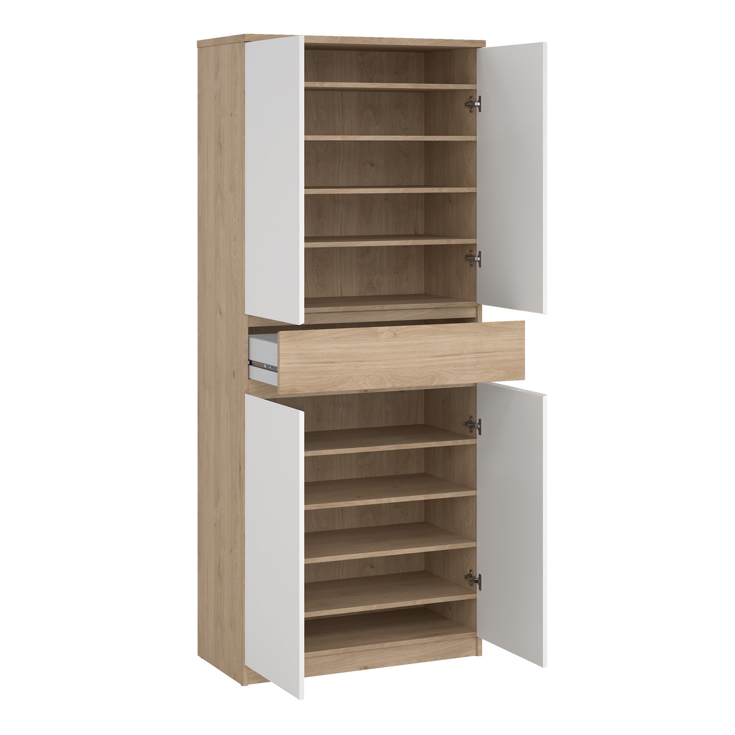 naia shoe cabinet with 4 doors 1 drawer in jackson hickory oak and white