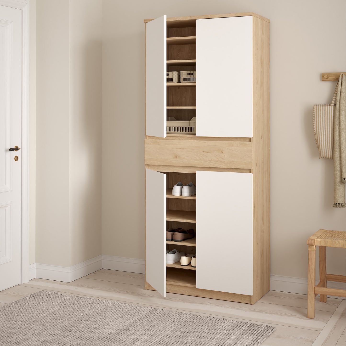 naia shoe cabinet with 4 doors 1 drawer in jackson hickory oak and white