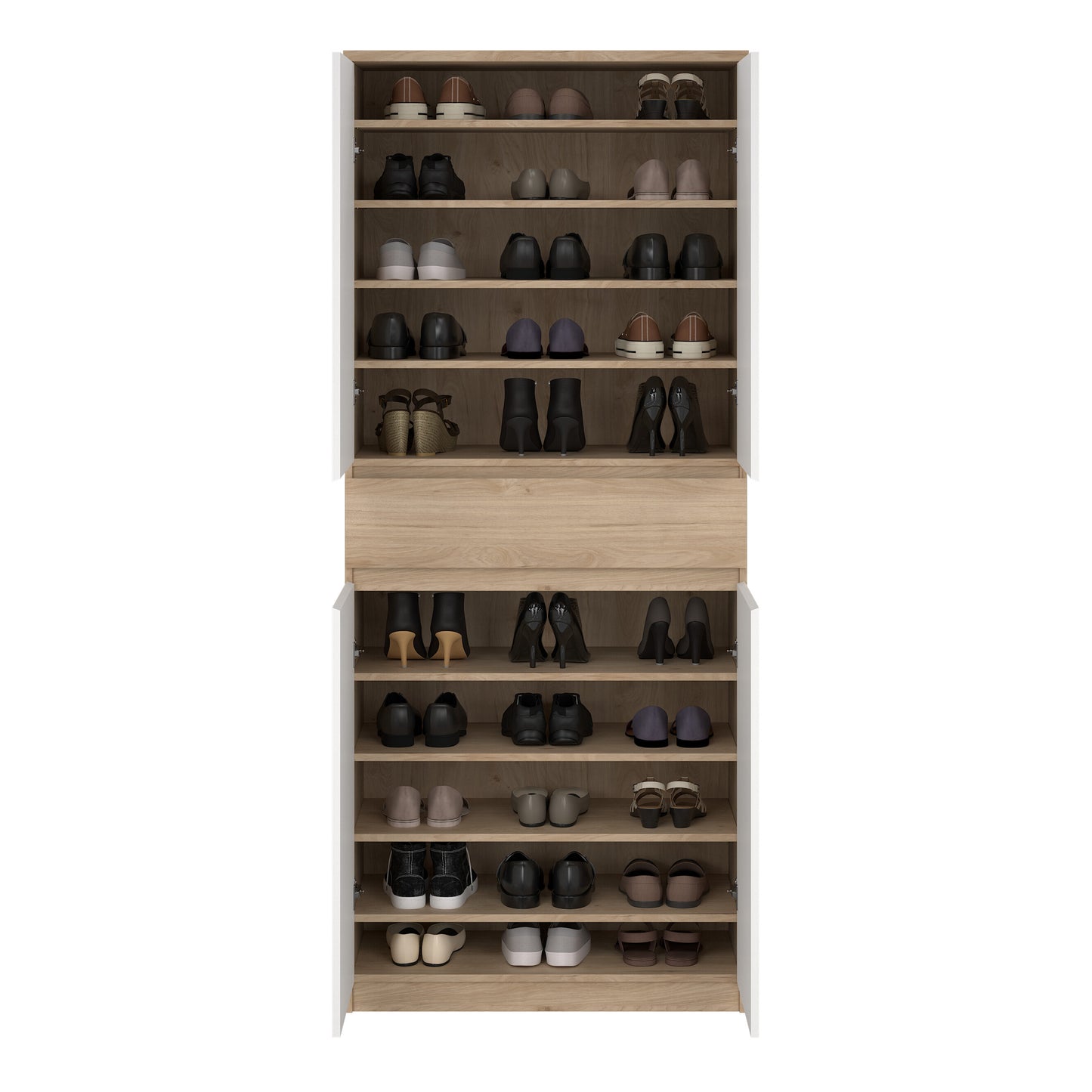 naia shoe cabinet with 4 doors 1 drawer in jackson hickory oak and white