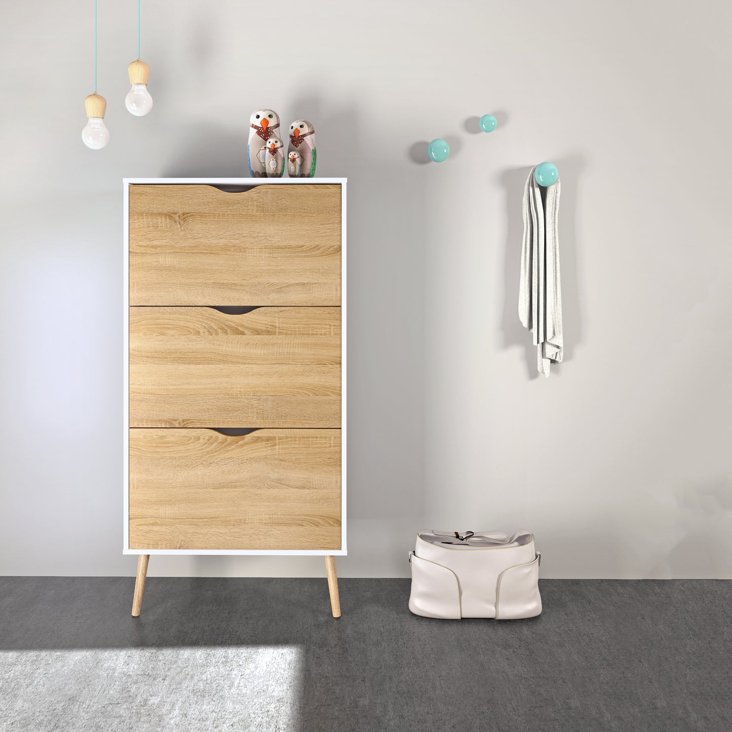 oslo shoe cabinet 3 drawers in white and oak