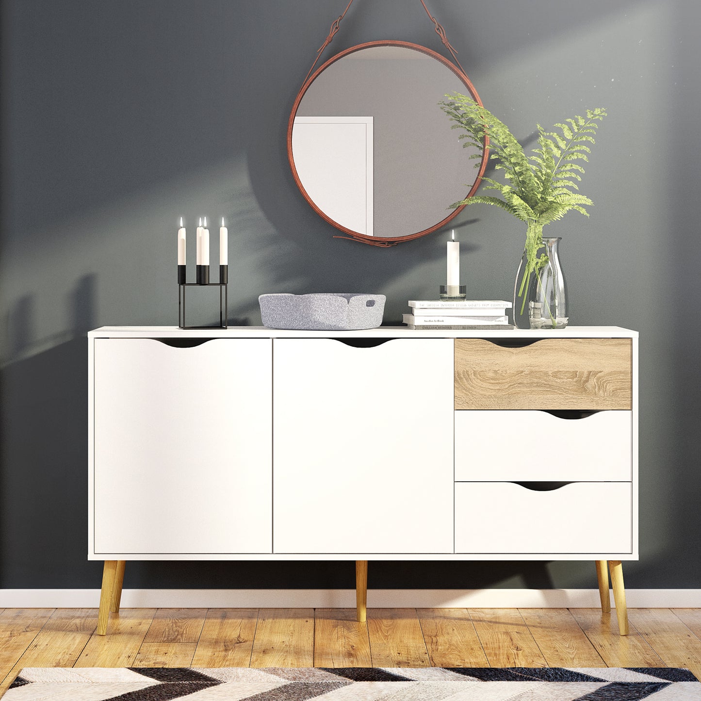 oslo sideboard large 3 drawers 2 doors in white and oak