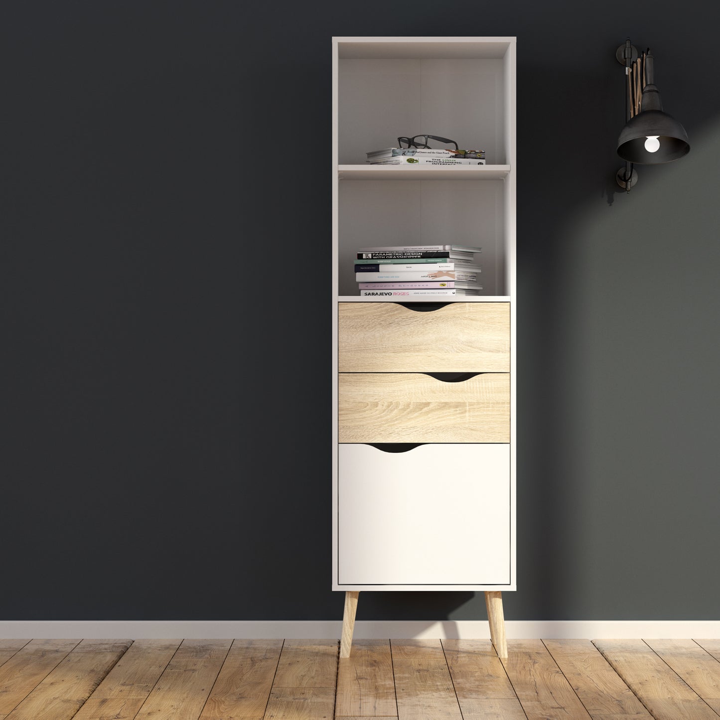 oslo bookcase 2 drawers 1 door in white and oak