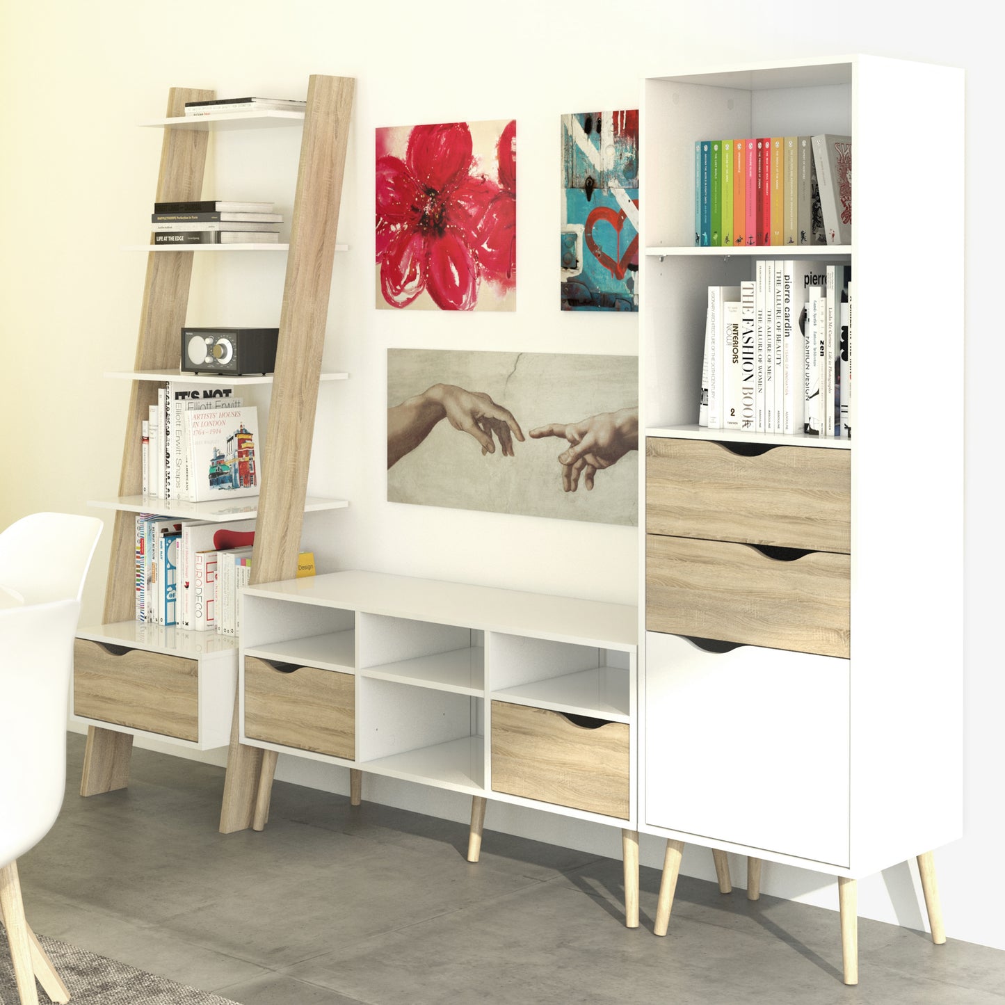 oslo bookcase 2 drawers 1 door in white and oak