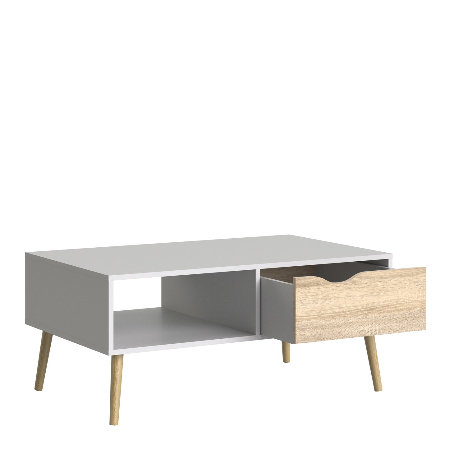oslo coffee table 1 drawer 1 shelf in white and oak