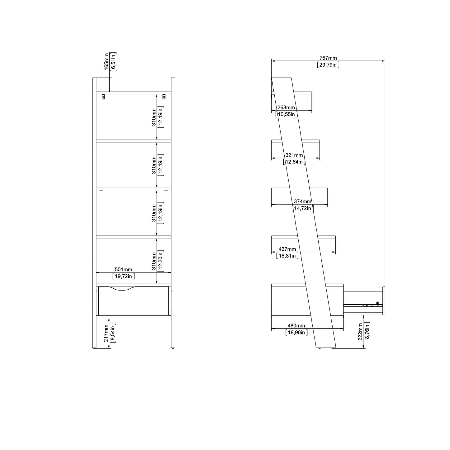oslo leaning bookcase 1 drawer in white and oak