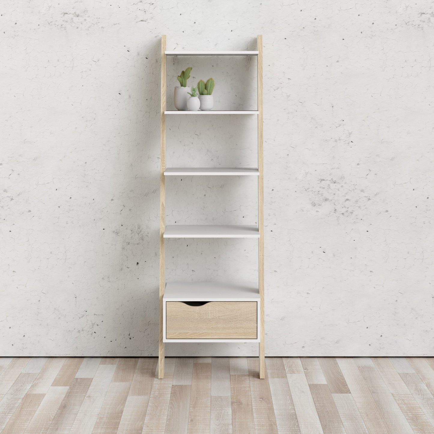 oslo leaning bookcase 1 drawer in white and oak
