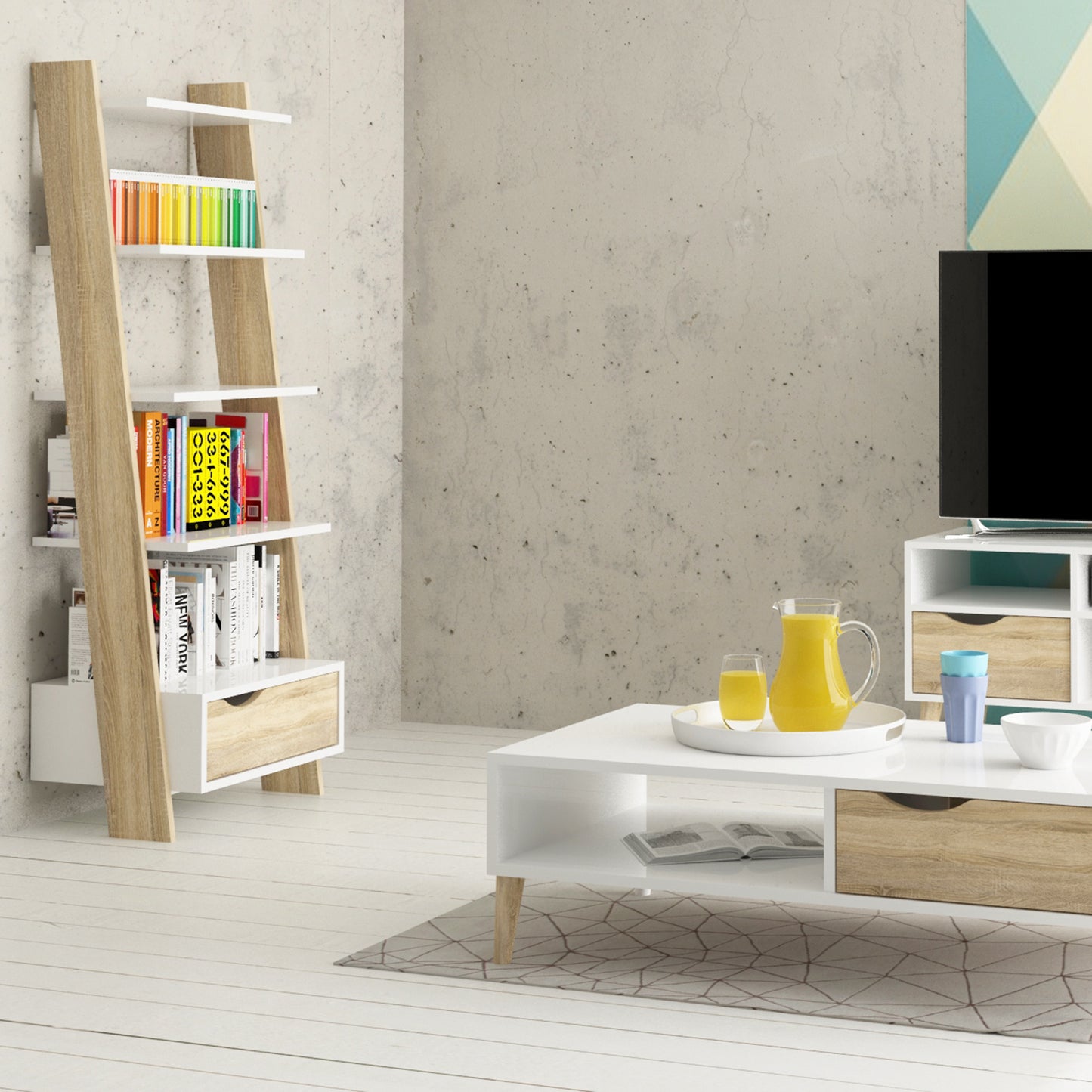 oslo leaning bookcase 1 drawer in white and oak