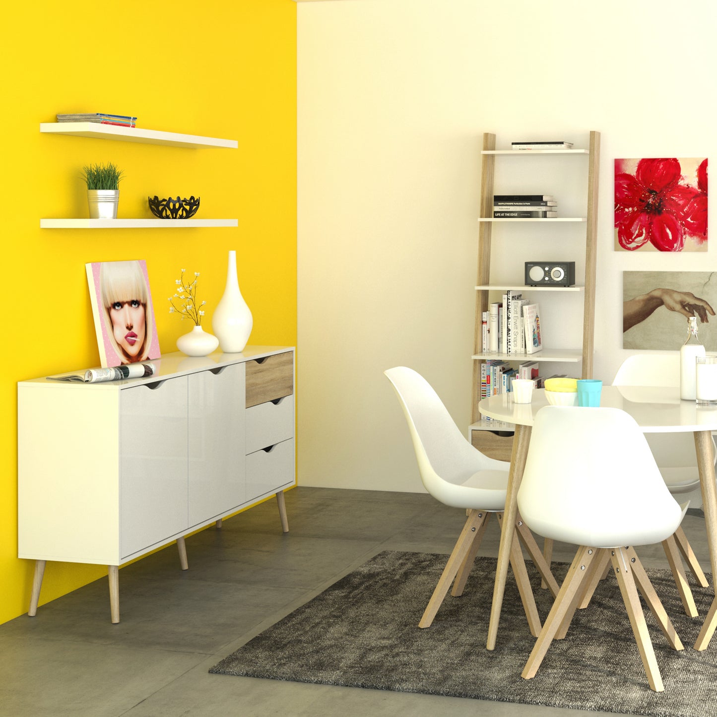 oslo leaning bookcase 1 drawer in white and oak