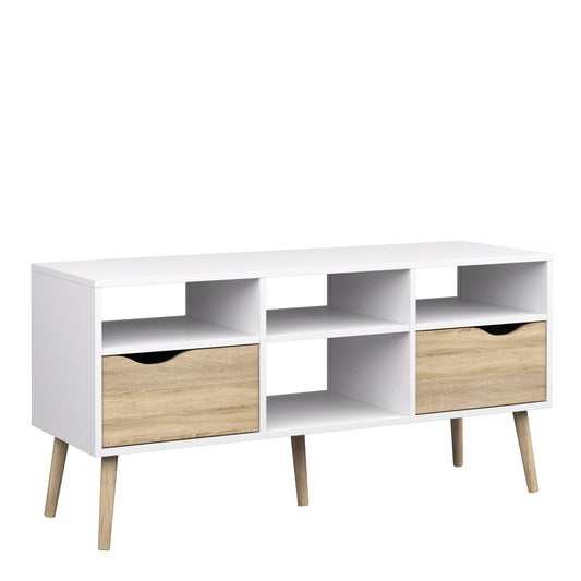 oslo tv unit wide 2 drawers 4 shelves in white and oak