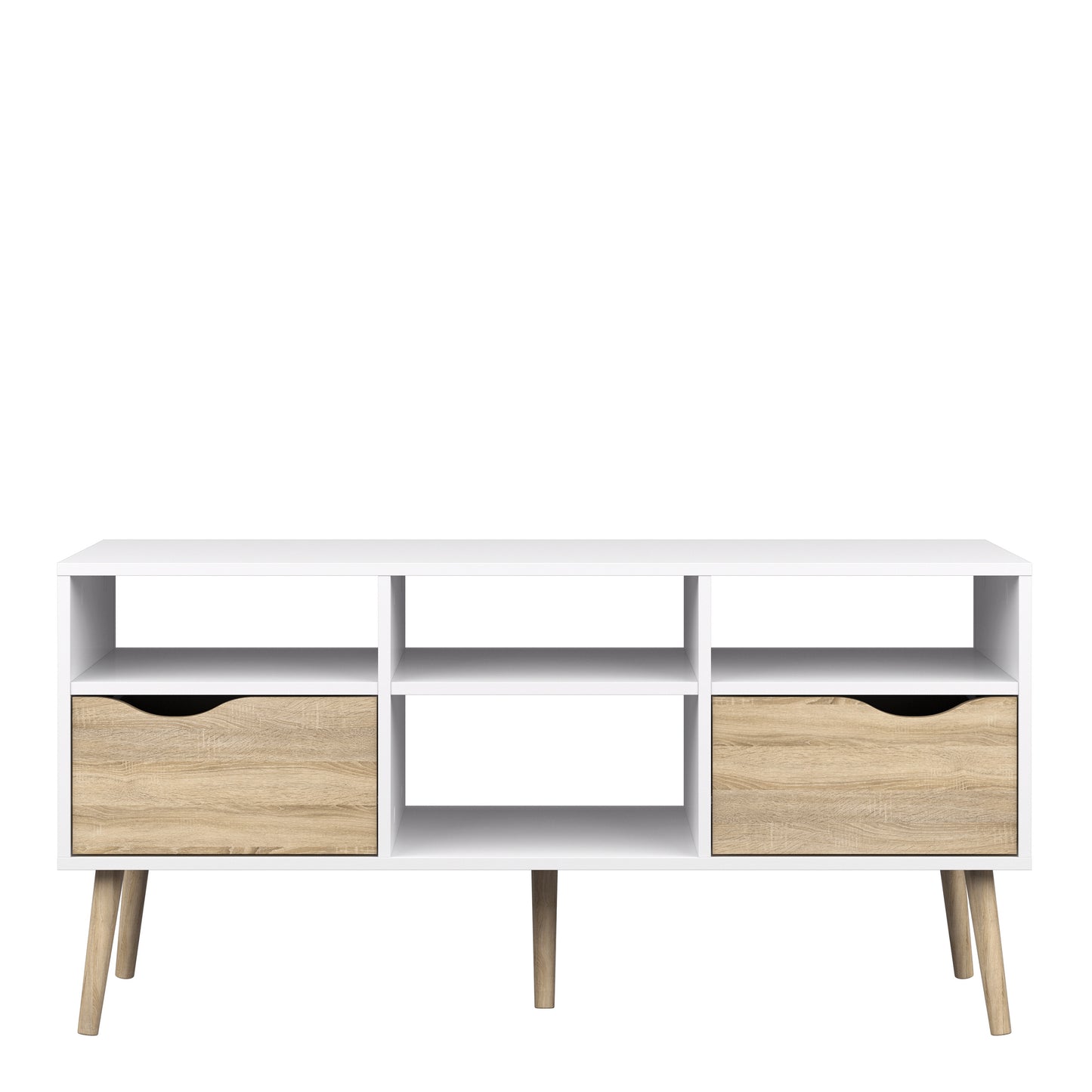 oslo tv unit wide 2 drawers 4 shelves in white and oak