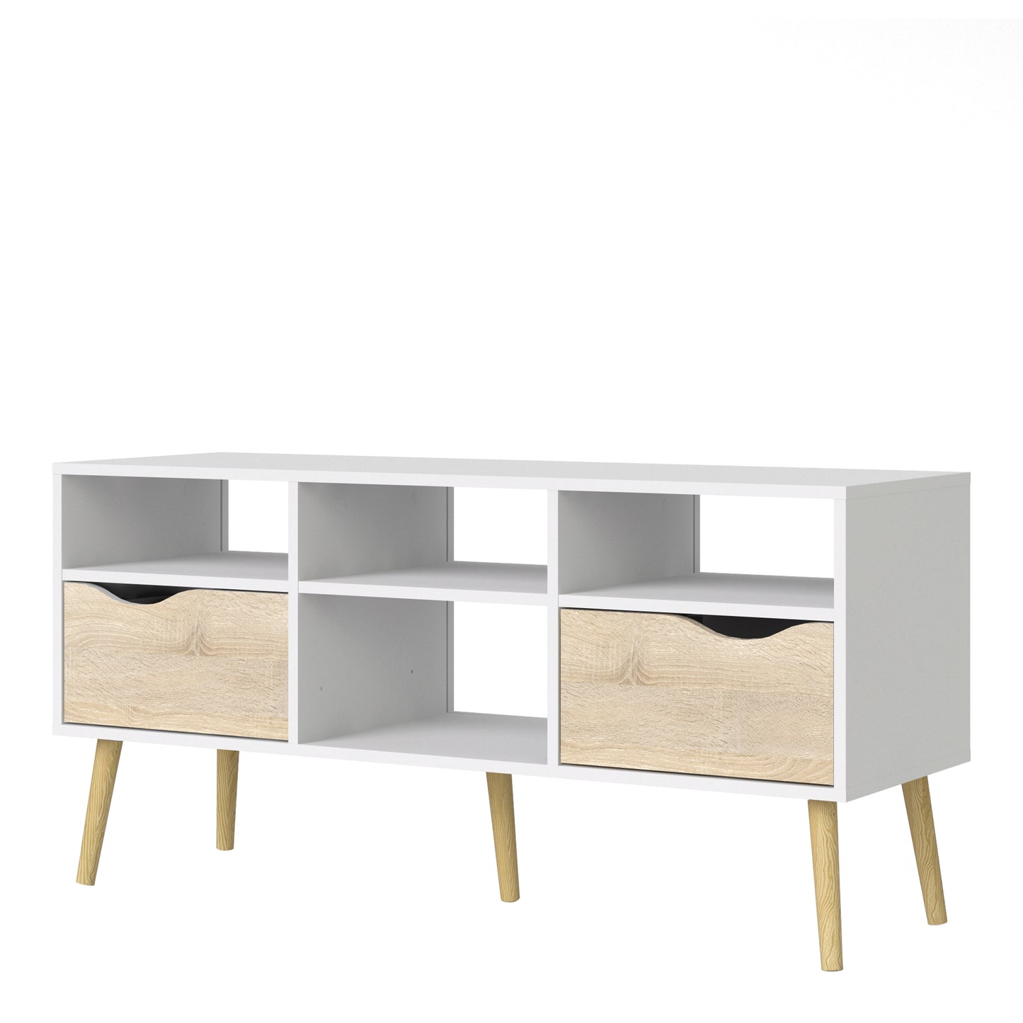 oslo tv unit wide 2 drawers 4 shelves in white and oak