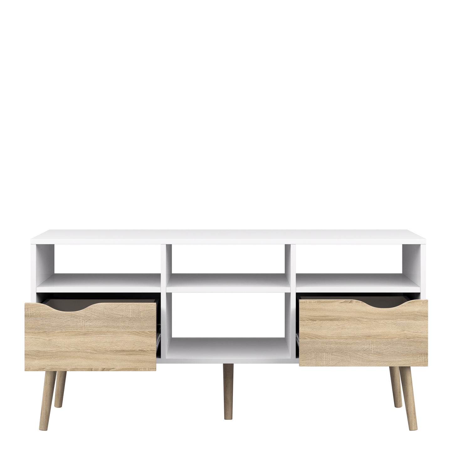 oslo tv unit wide 2 drawers 4 shelves in white and oak