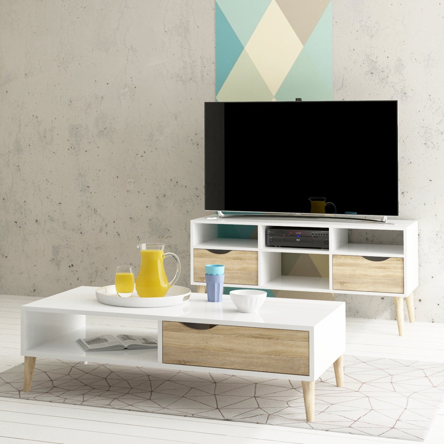 oslo tv unit wide 2 drawers 4 shelves in white and oak